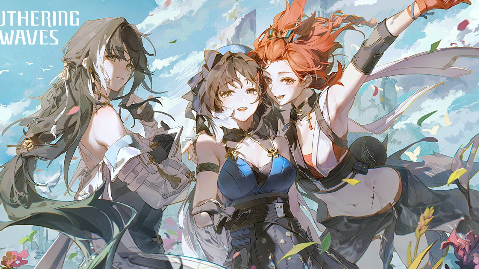 A key visual from Wuthering Waves showing playable characters Baizhi, Yangyang, and Chixia