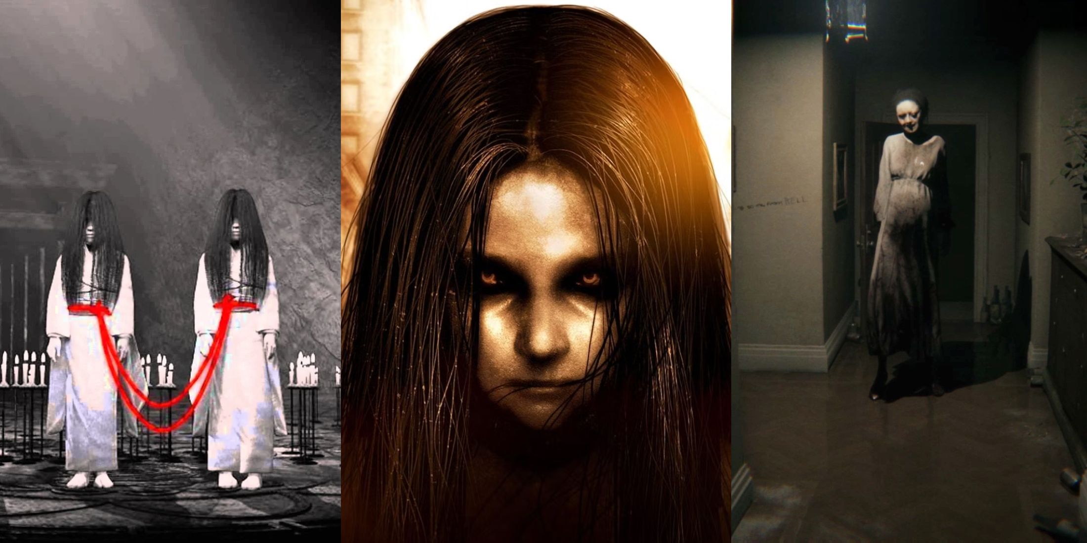 Split image of the best ghost horror games Fatal Frane 2, FEAR and PT