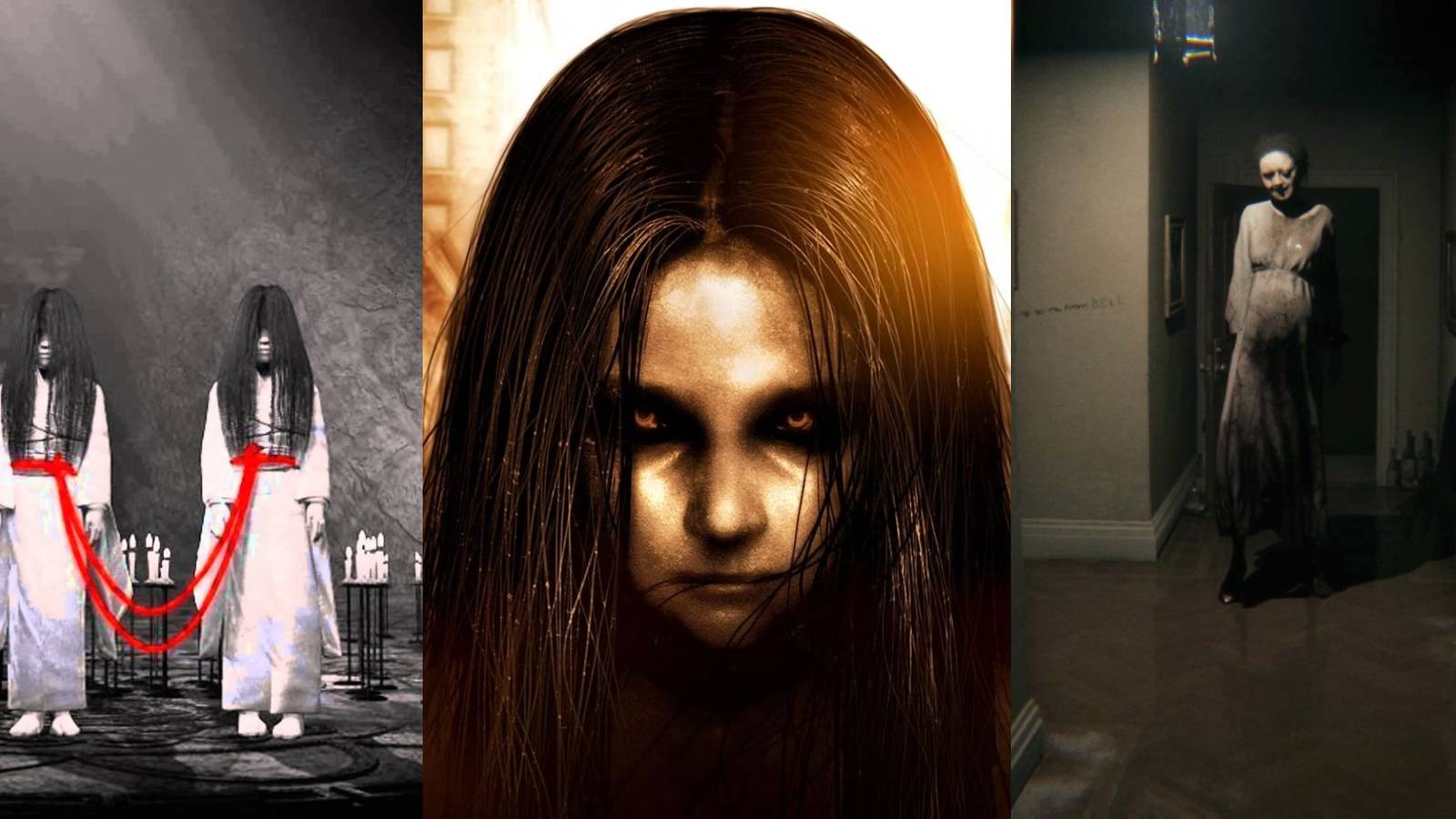 Best Ghost Horror Games split image of Fatal Frane 2, F.E.A.R. and PT