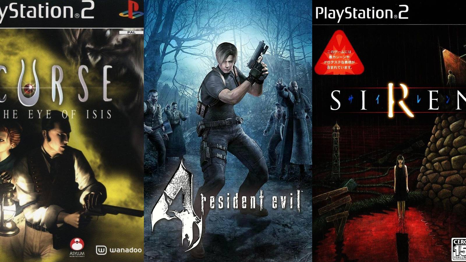 Best PS2 Zombie Games, Ranked split image featuring Curse Eyes of Isis, Resident Evil 4 and Siren