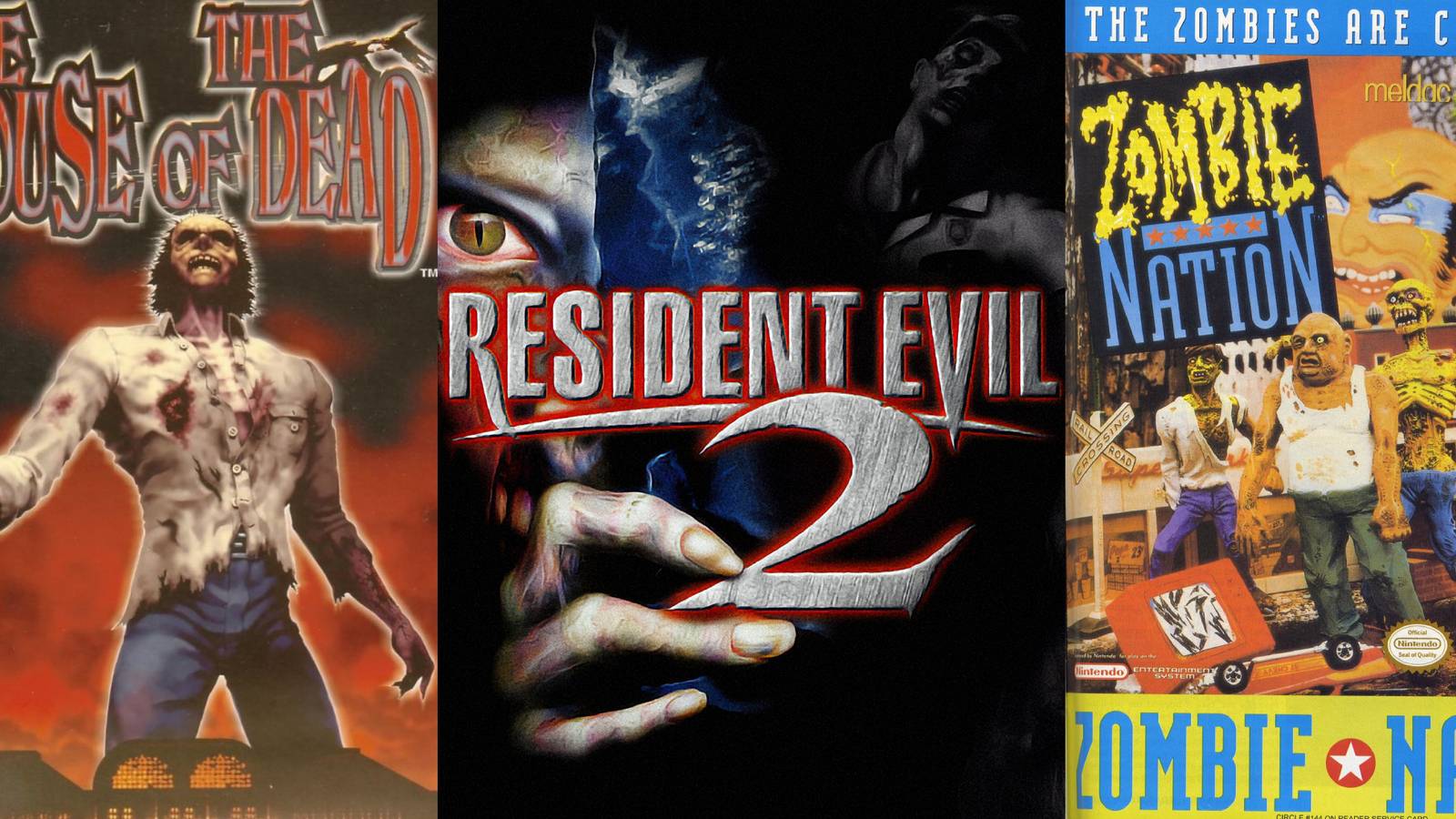 X Best Zombie Games From The 1990s cover art for The House of the Dead, Resident Evil 2 and Zombie Nation