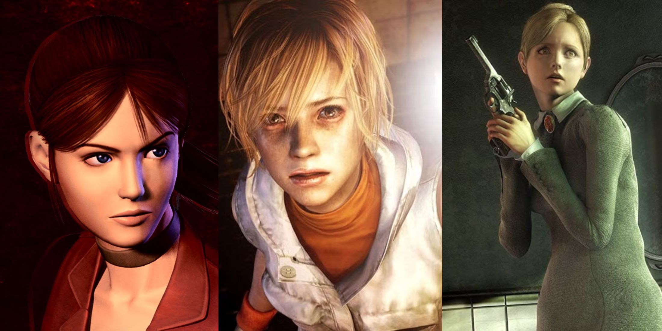 X PS2 Horror Games That Deserve To Be Remade After Silent Hill 2 split image featuring Claire from Code Veronica, Heather from Silent Hill 3 and Jennifer from Rule of Rose