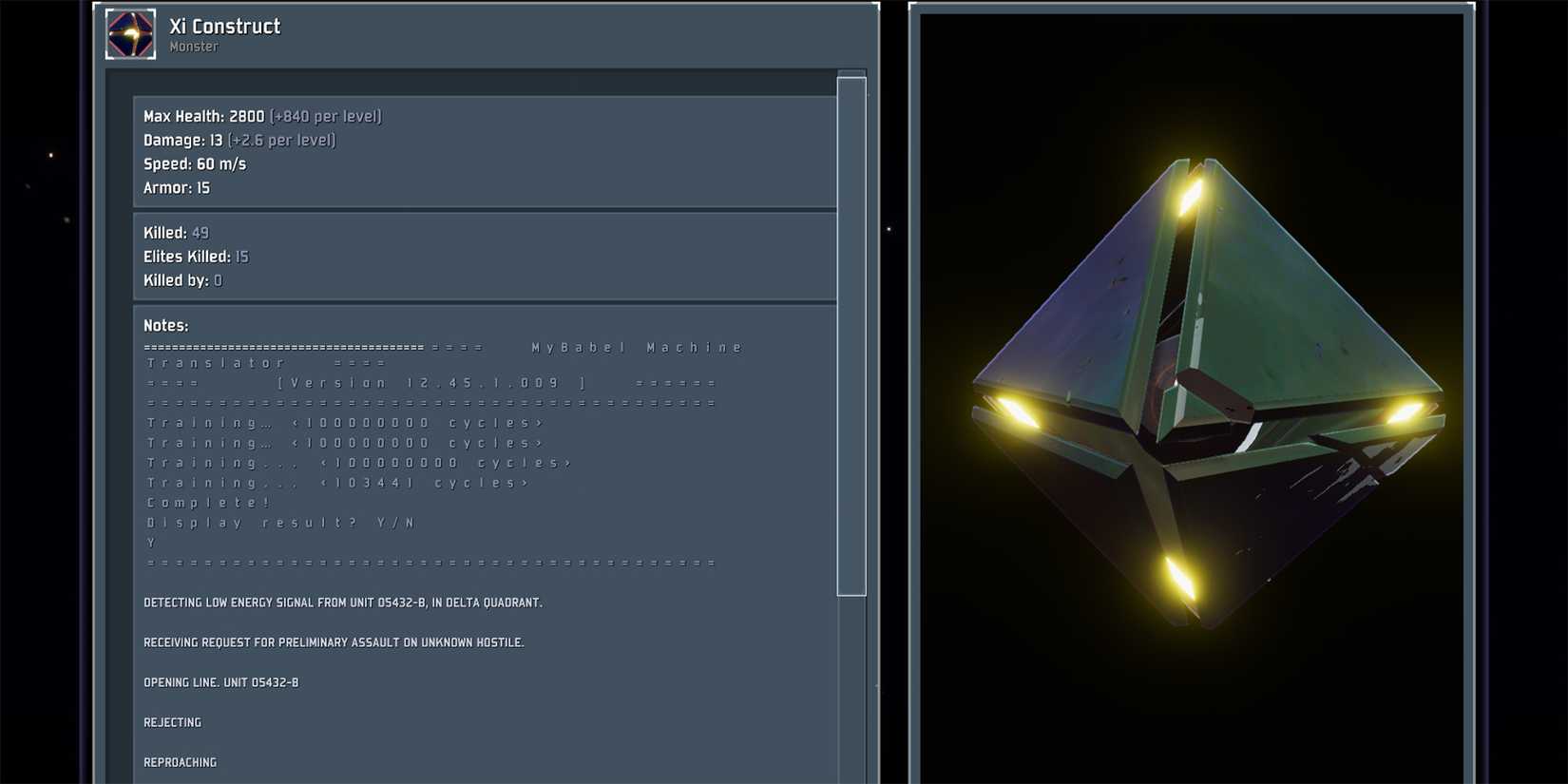 Xi Construct Boss Logbook Entry in Risk of Rain 2