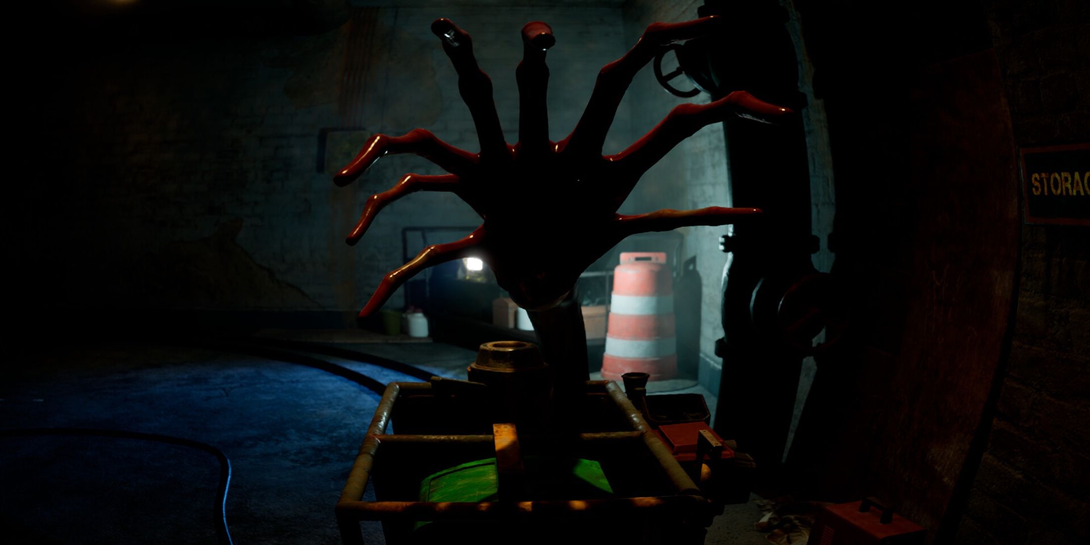 A creature with multiple arms jumping out at the player