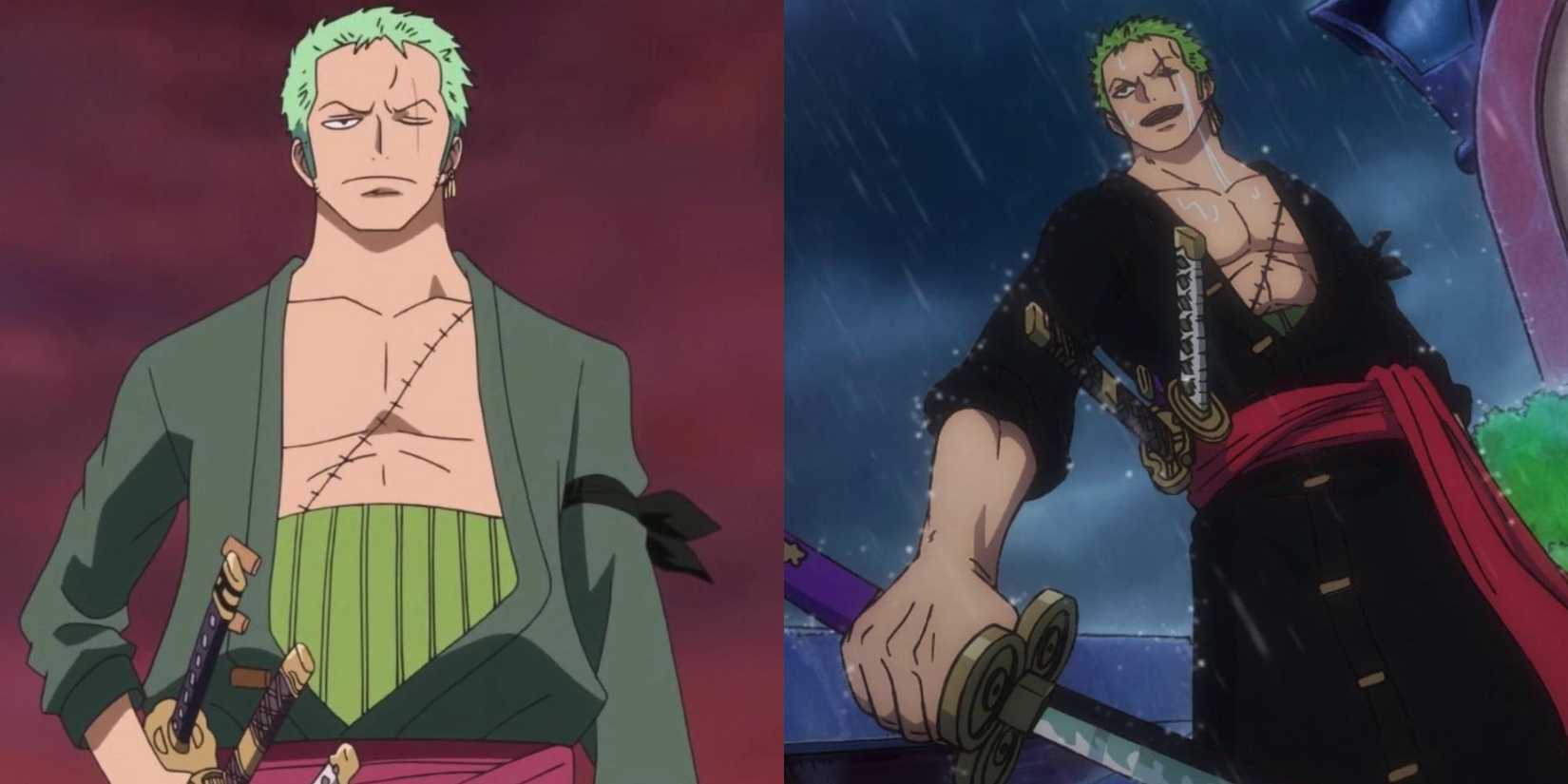 Zoro in his post-timeskip outfit and Onigashima outfit.