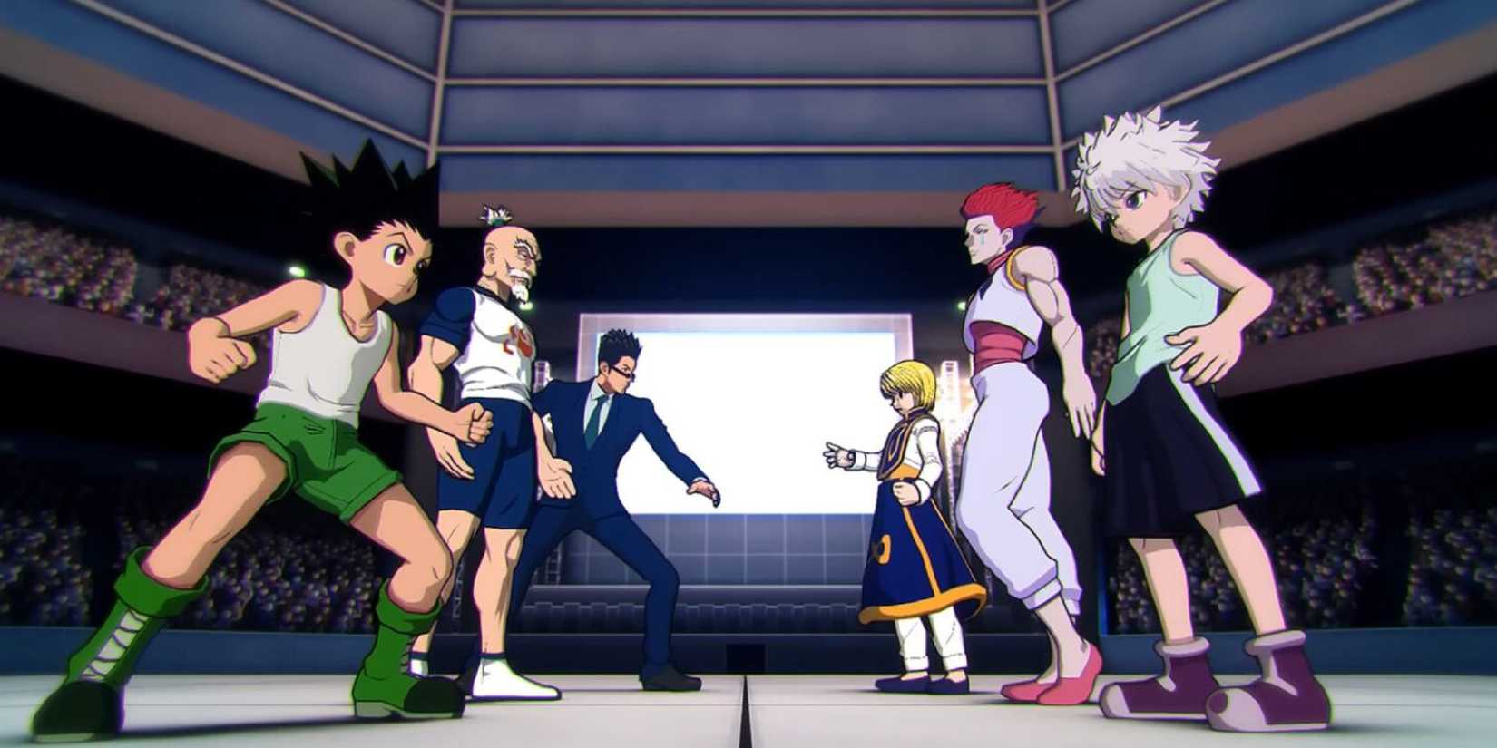 Gon, Killua, Netero, Hisoka, Leorio, Kurapika standing against each other in Hunter x Hunter: Nen x Impact