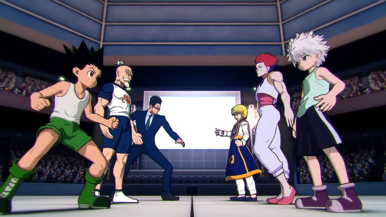 Gon, Killua, Netero, Hisoka, Leorio, Kurapika standing against each other in Hunter x Hunter: Nen x Impact