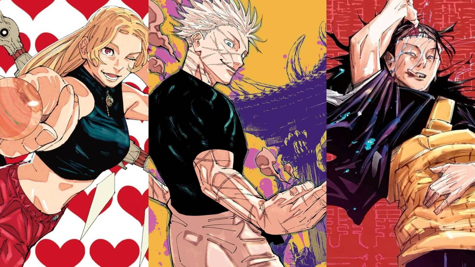 A collage of Jujutsu Kaisen who got dissapointing endings in the manga: Yuki Tsukumo, Satoru Gojo and Kenjaku.