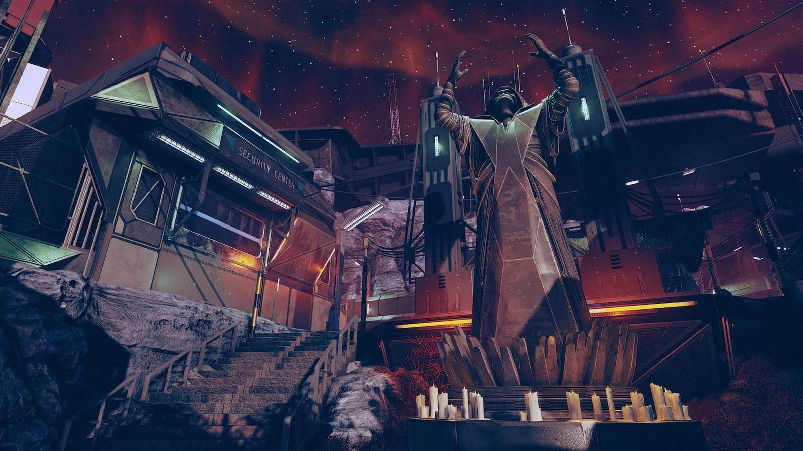 A statue near the entrance to Dazra in Starfield Shattered Space