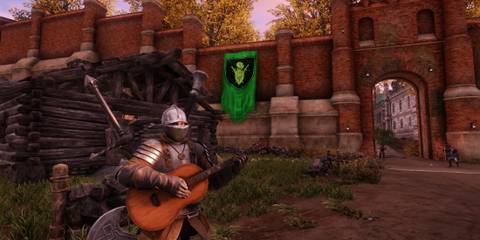 Holding a guitar in New World: Aeternum