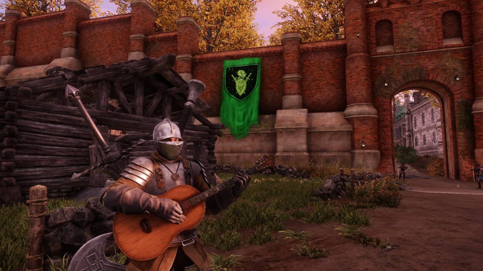 Holding a guitar in New World: Aeternum