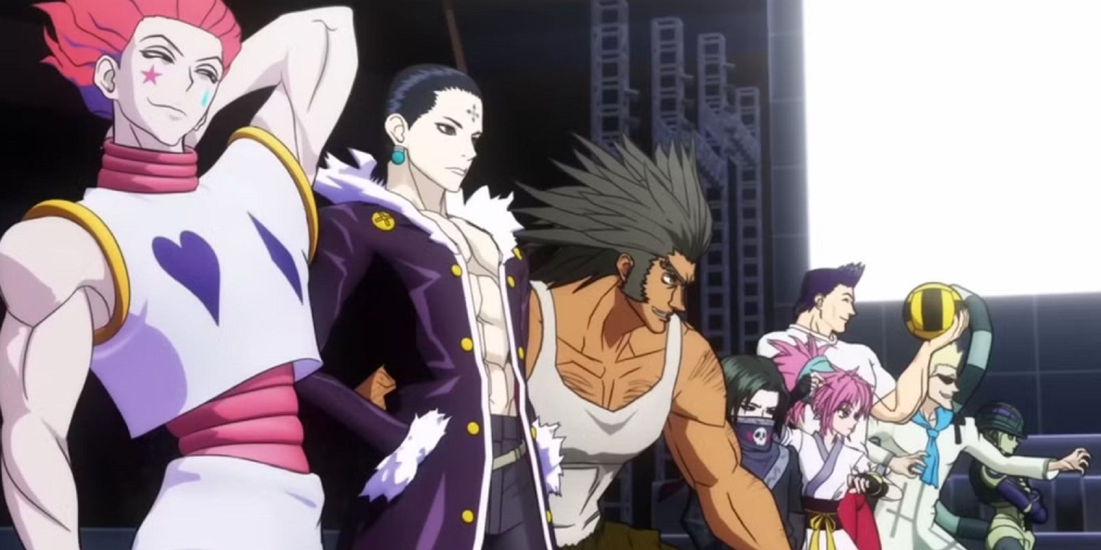 Hisoka, Chrollo Lucilfer, Uvogin, and other game characters from Hunter x Hunter: Nen x Impact looking serious 