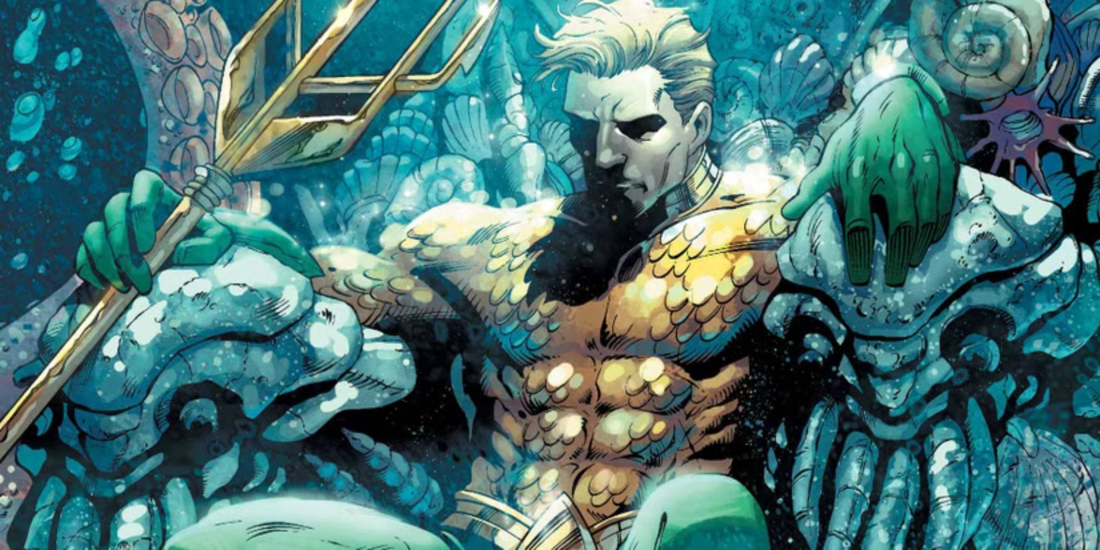 A picture of Aquaman holding The Trident of Neptune