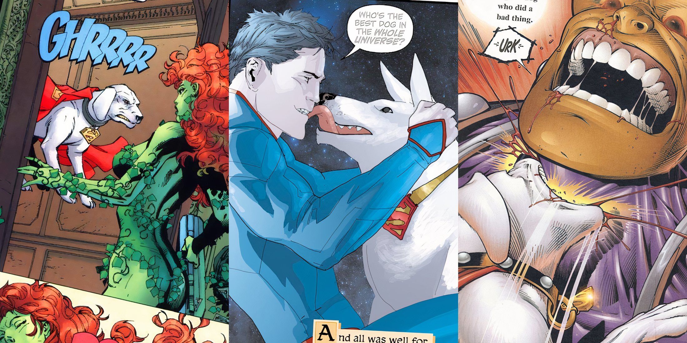 Krypto the dog in multiple comic panels with various DC characters