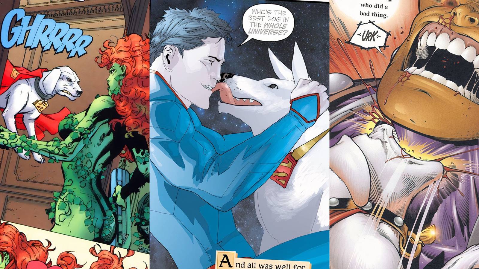 Krypto the dog in multiple comic panels with various DC characters