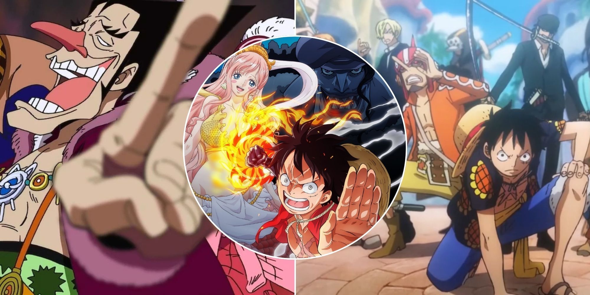 A collage of 3 flawed One Piece anime arcs: Long Ring Long Land Arc, Fish-Man Island Arc and Dressrosa Arc.