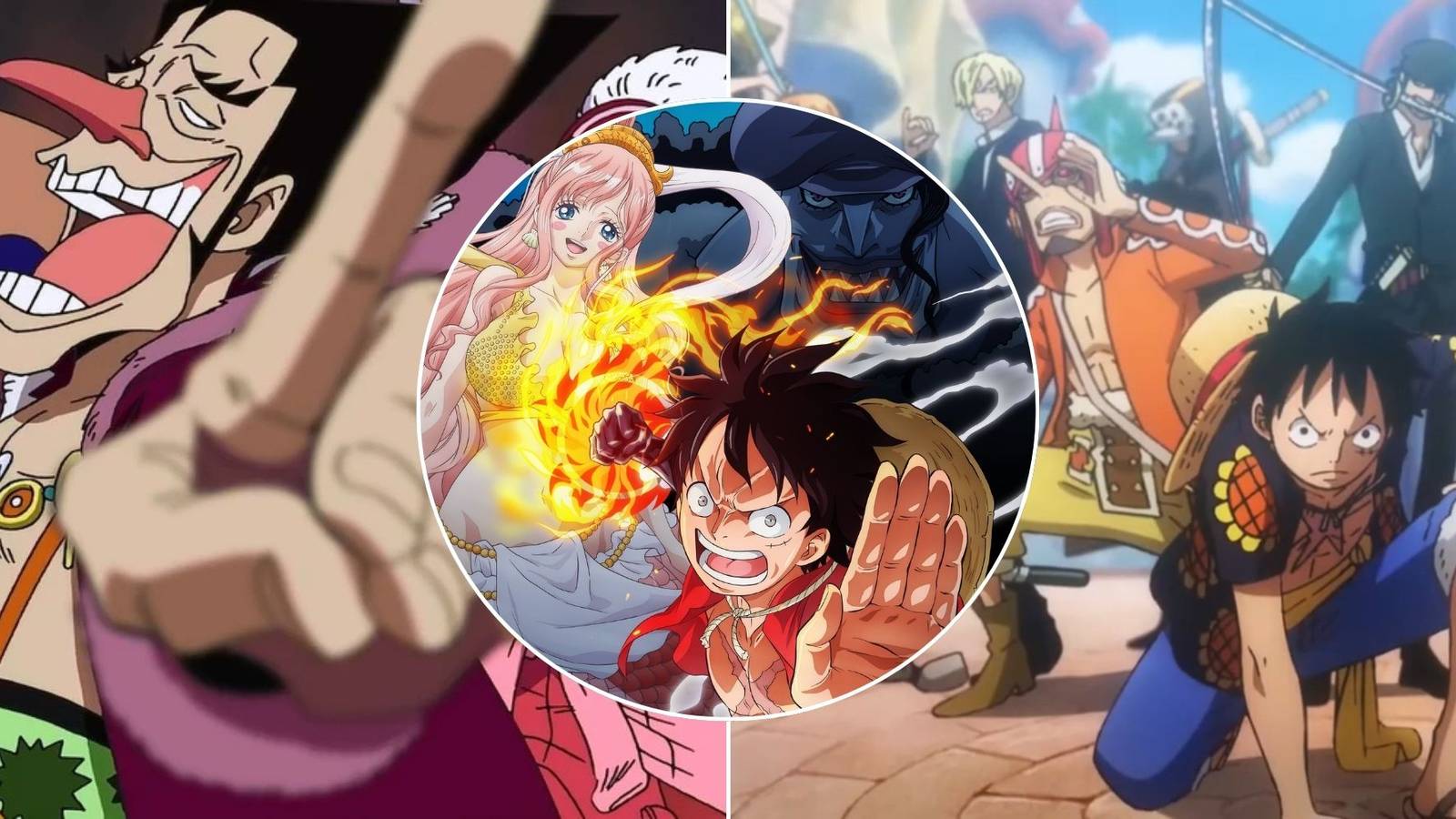 A collage of 3 flawed One Piece anime arcs: Long Ring Long Land Arc, Fish-Man Island Arc and Dressrosa Arc.