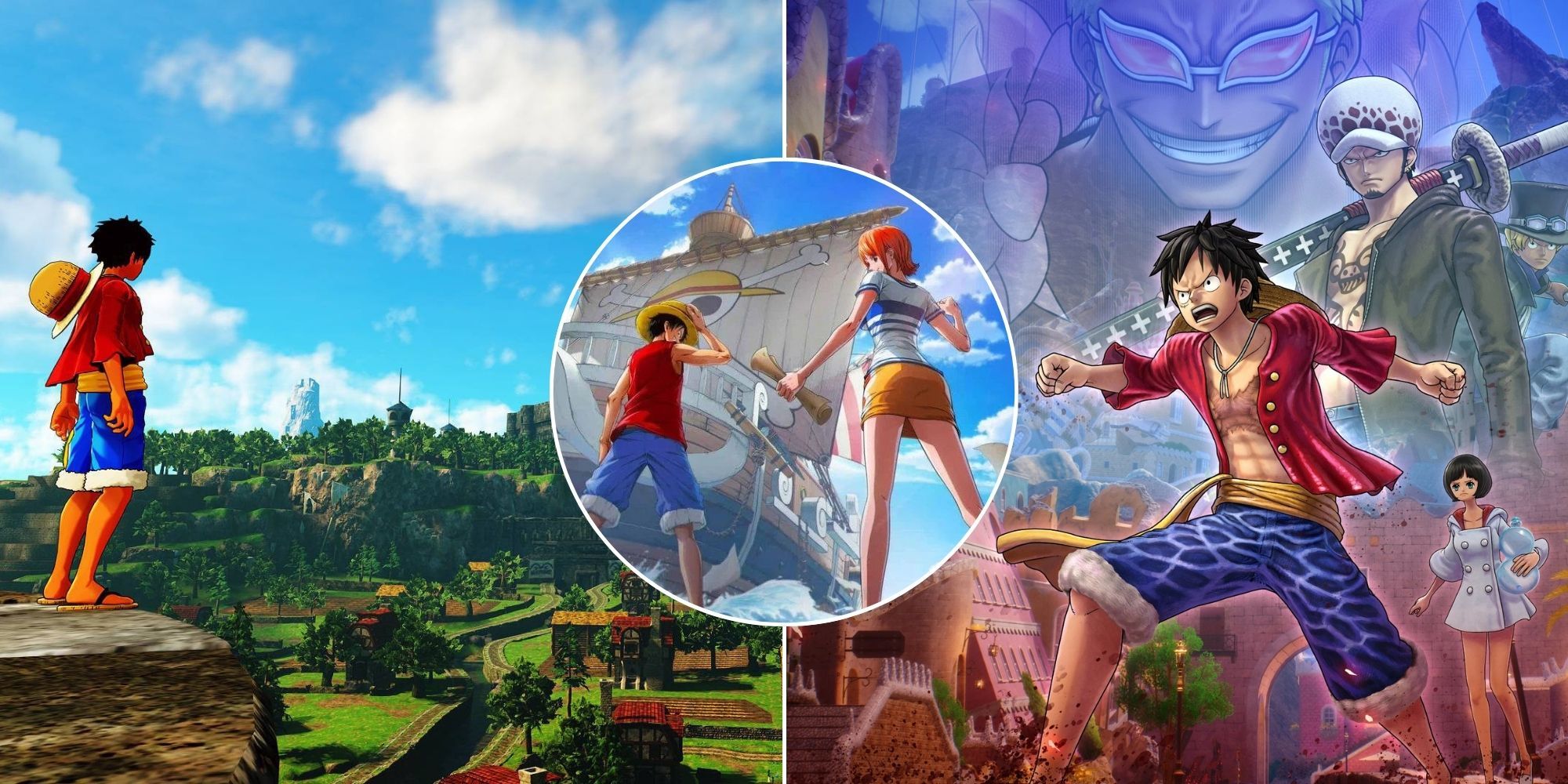 A collage of 3 different One Piece video games with excellent graphics: World Seeker, Ambition and Odyssey.