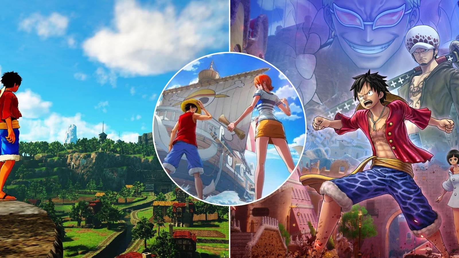 A collage of 3 different One Piece video games with excellent graphics: World Seeker, Ambition and Odyssey.