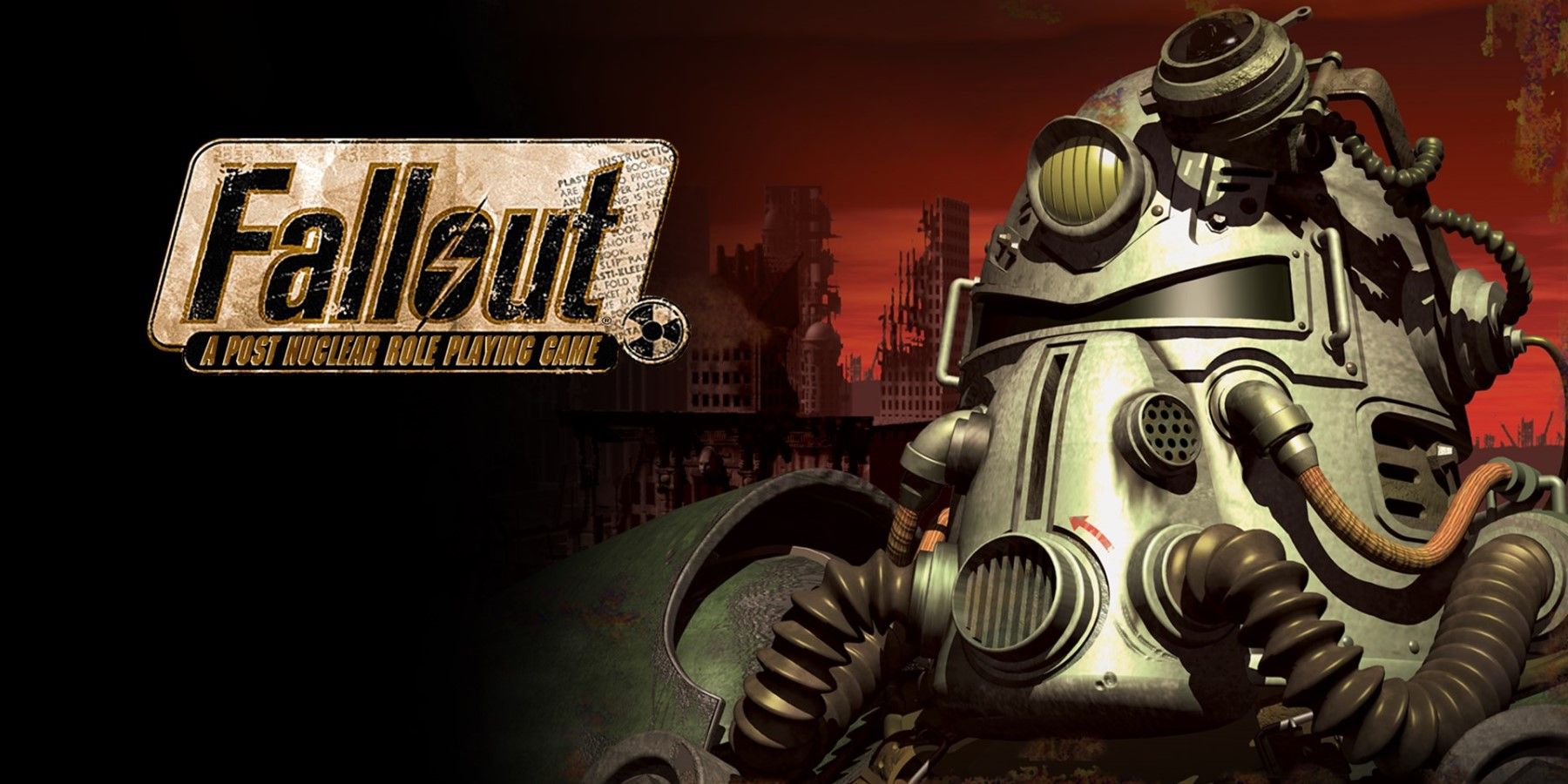 A Figure In Fallout Power Armor Stands As A Ruined City Lies In The Background