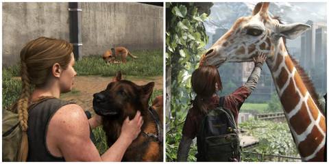 Abby and her dog and Ellie and the Giraffe in The Last of Us Part 1 and 2