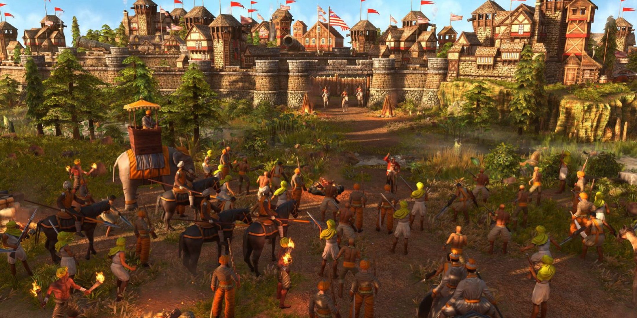 Siege of a fortified city with cavalry and infantry forces in Age of Empires 3