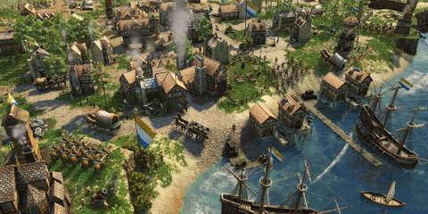 A bustling coastal town with ships docked and soldiers gathered in Age of Empires 3.