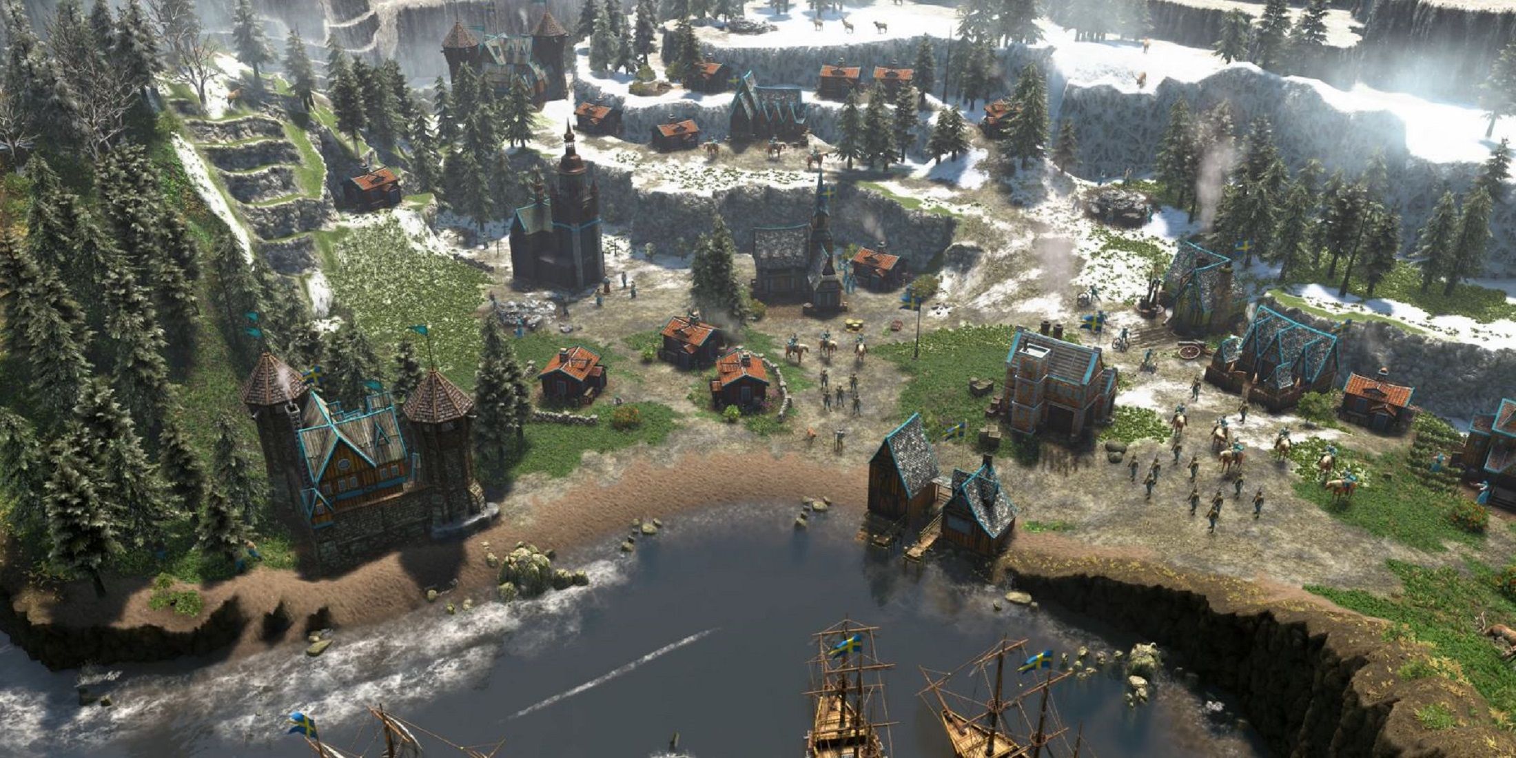 Snow-covered coastal village with ships and soldiers in Age of Empires 3