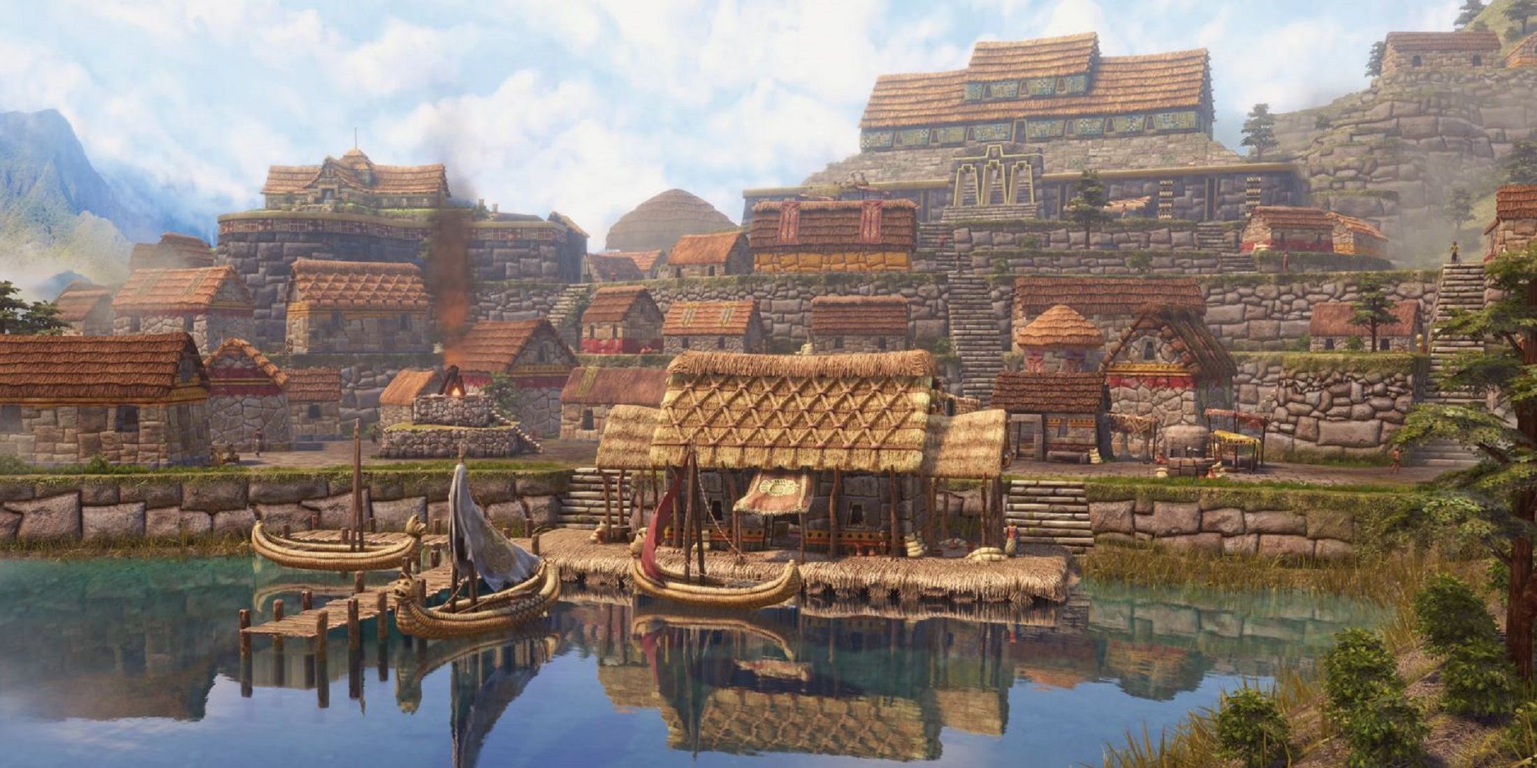 ncient riverside village with stone buildings and boats docked in Age of Empires 3