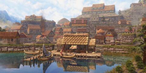ncient riverside village with stone buildings and boats docked in Age of Empires 3