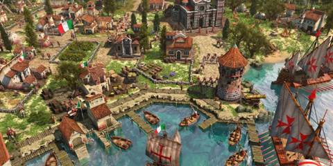 Vibrant coastal town with Italian flags, bustling with activity, ships in the harbor, and a fortified tower in Age of Empires 3