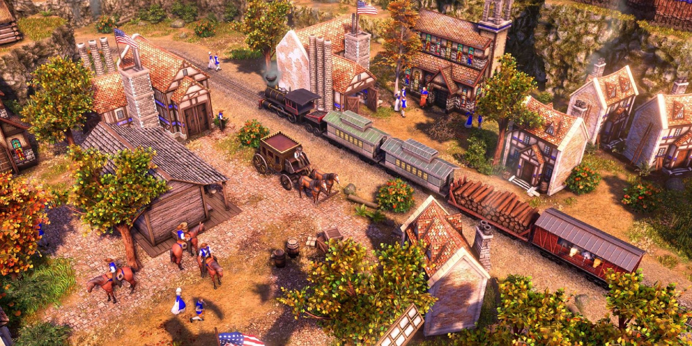 Colorful town with a train station and horse-drawn carriages in Age of Empires 3