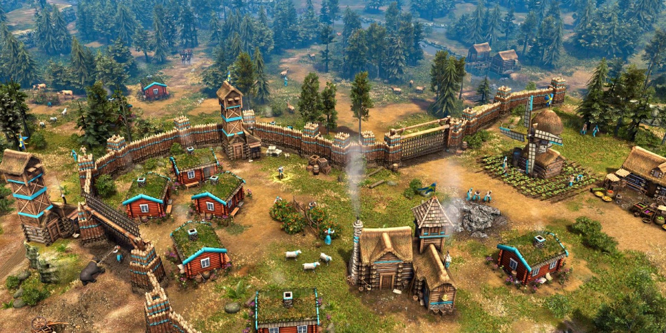 A fortified village with wooden walls and a windmill, surrounded by forests in Age of Empires 3