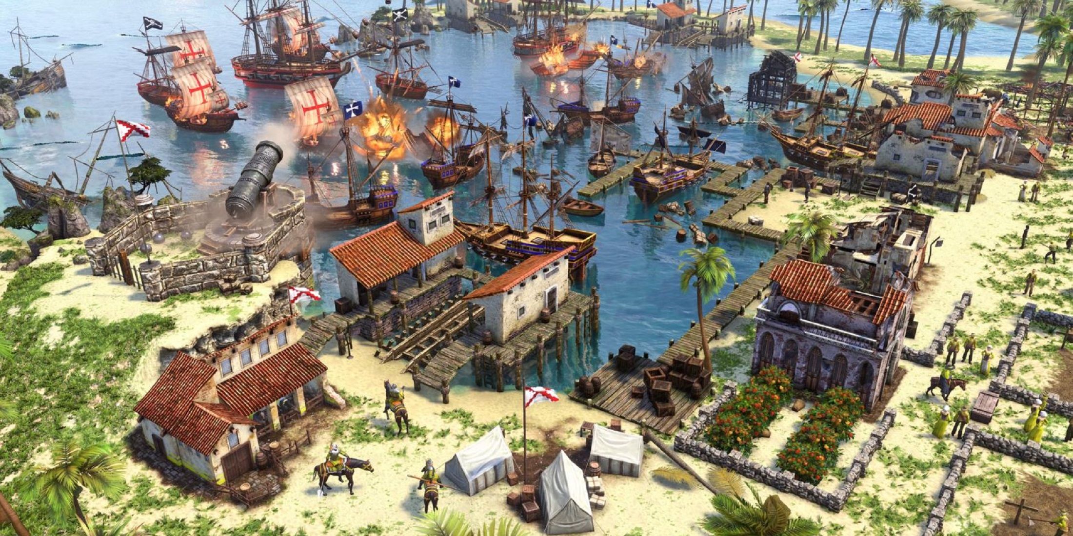 Ships engaging in a sea battle near a fortified port in Age of Empires 3