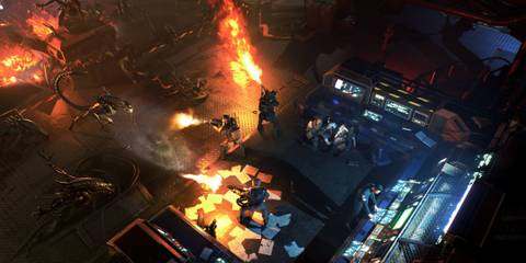 Firing Flamethrower At Alien in Aliens Dark Descent 