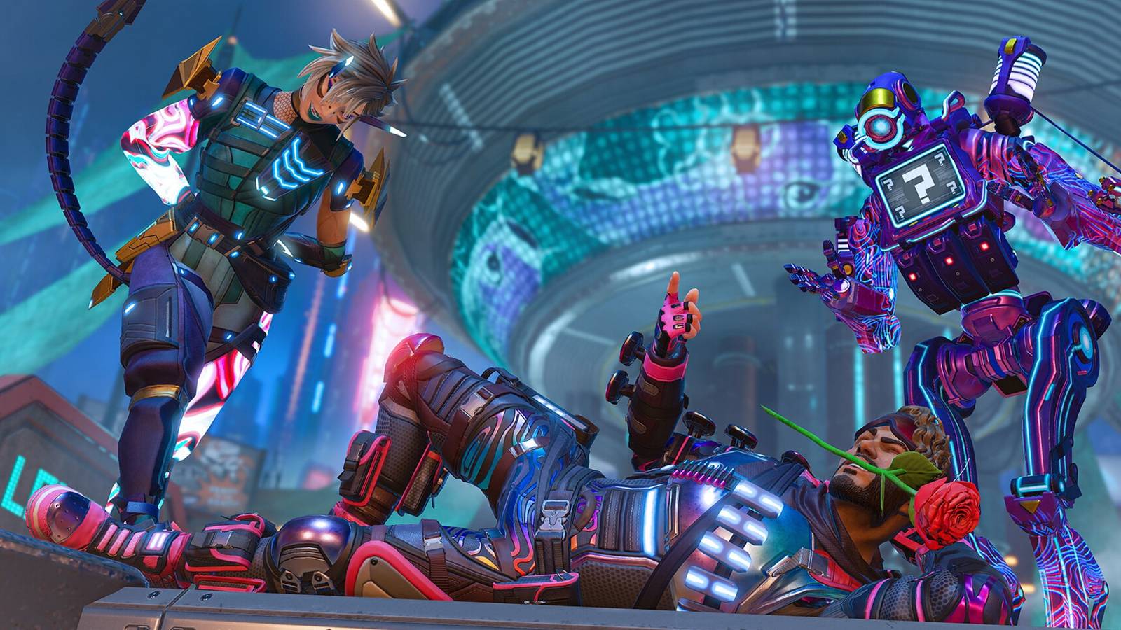 Apex Legends characters in a neon-lit setting, featuring a playful interaction between