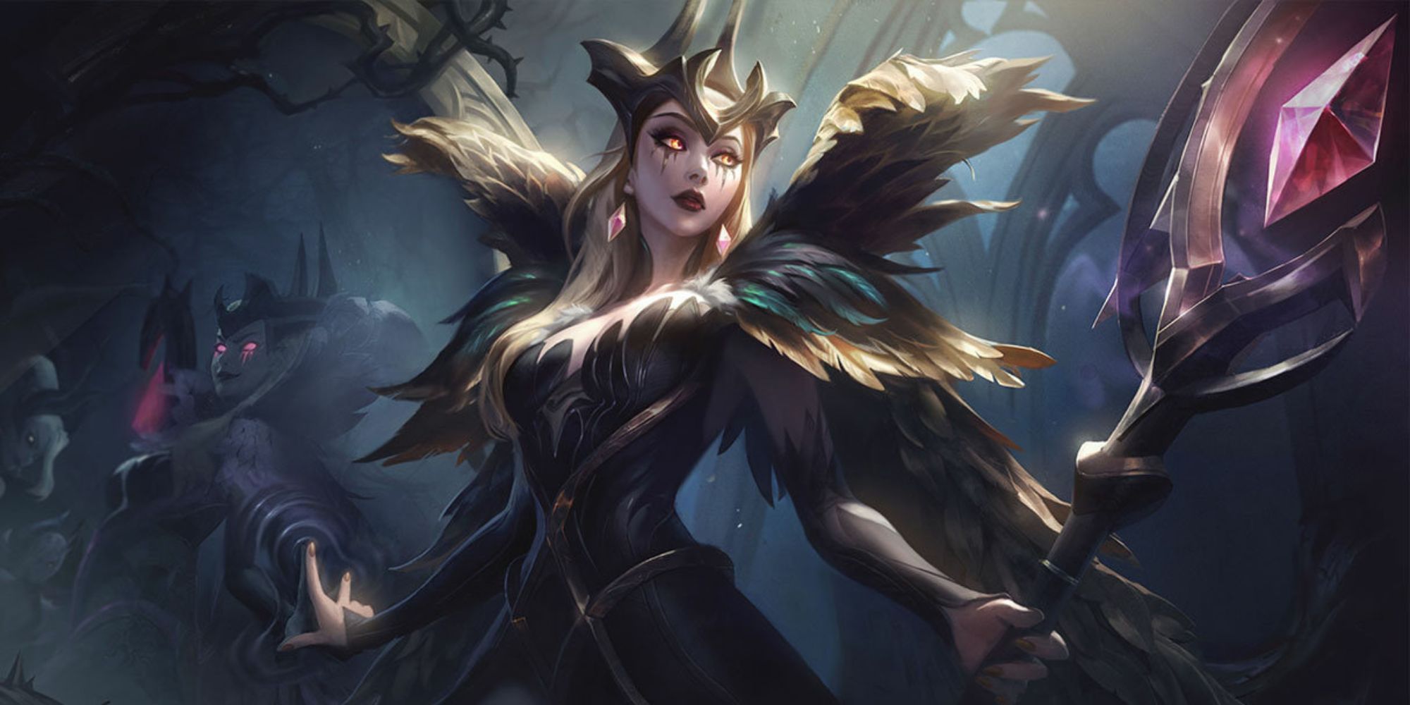 Coven LeBlanc casts an illusion to her followers in her League of Legends splash art.  