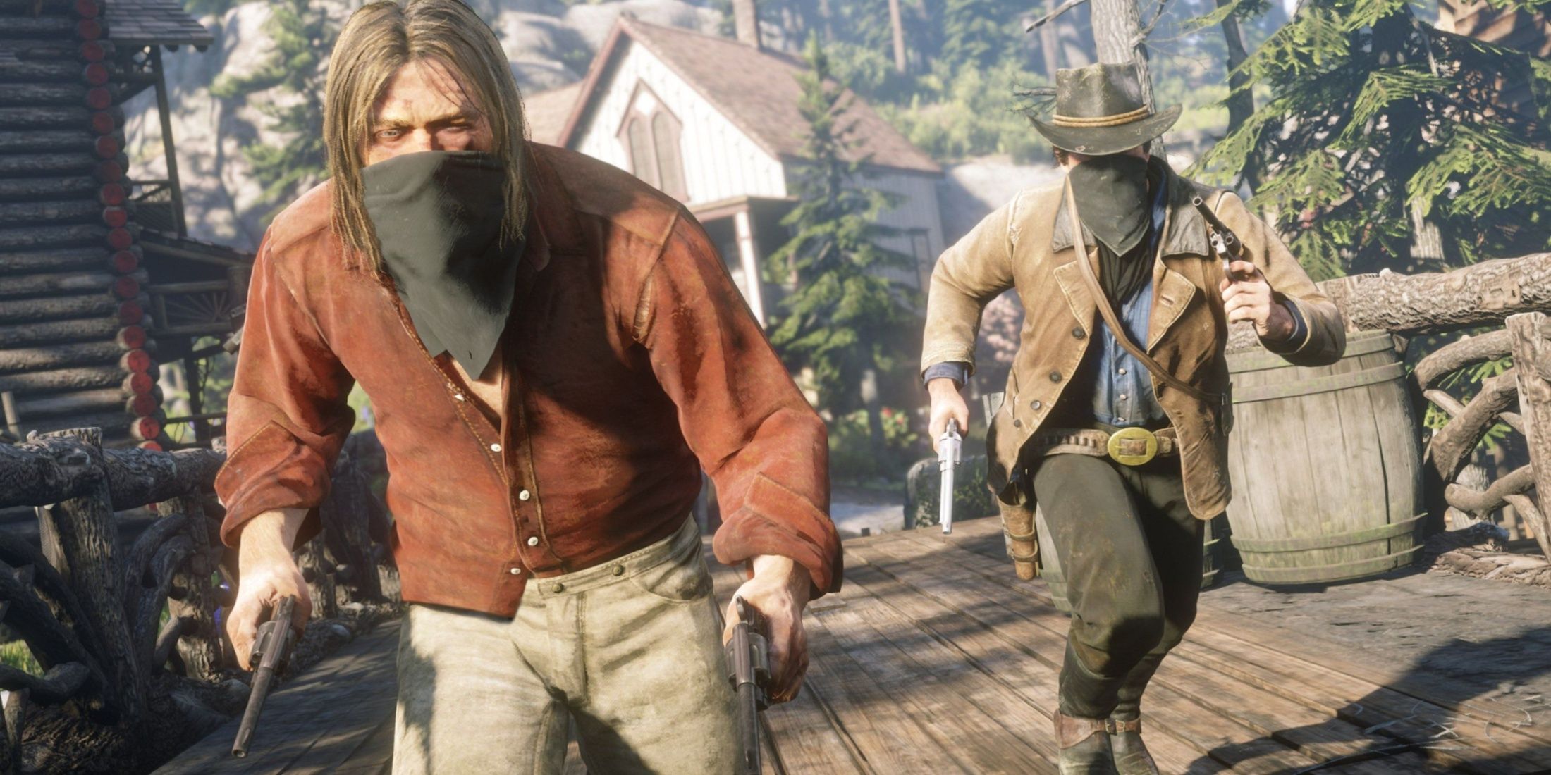 Arthur Morgan and Micah Bell from Red Dead Redemption 2 walk in Strawberry