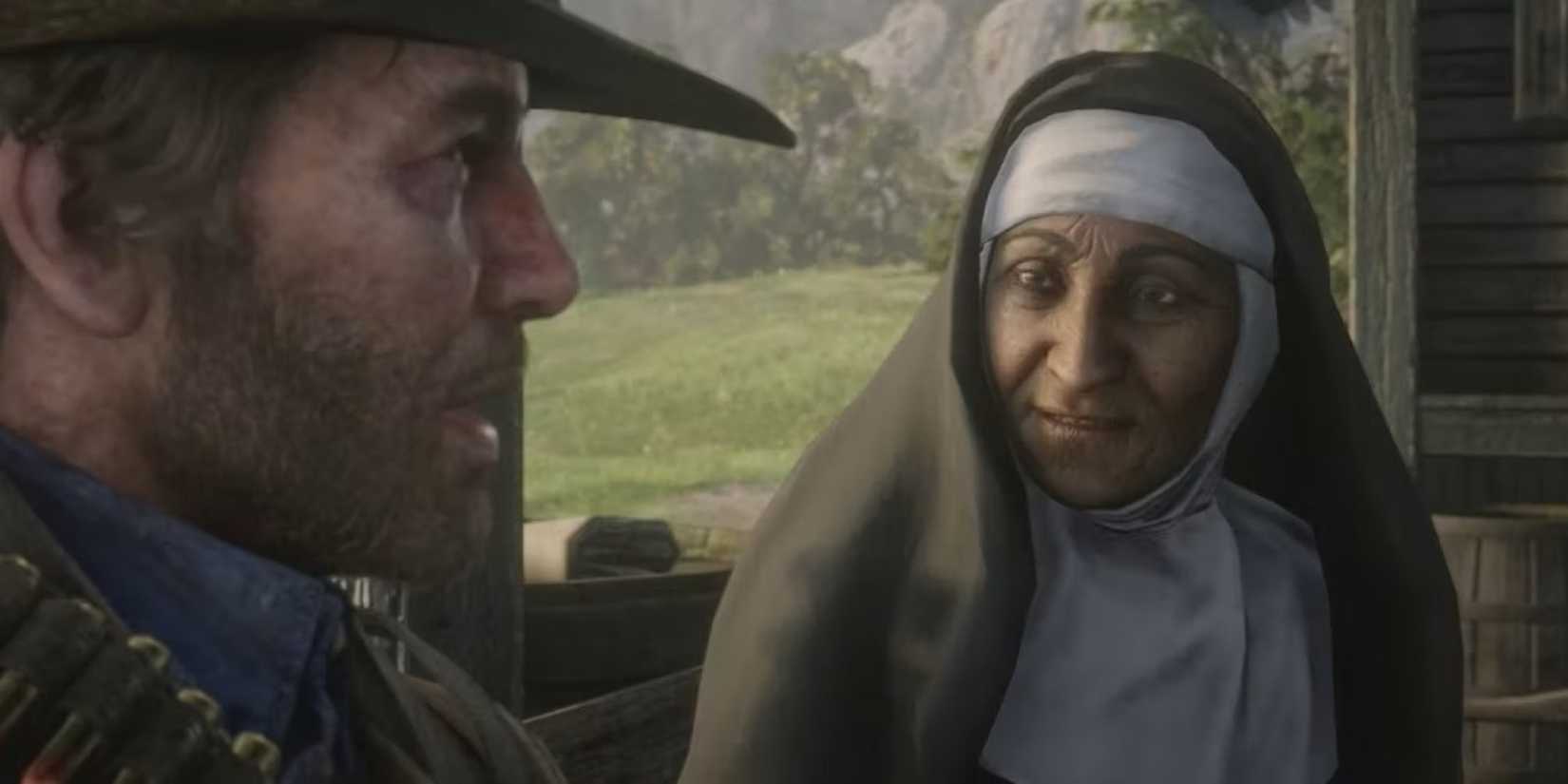 Arthur Morgan and Sister Calderon from Red Dead Redemption 2