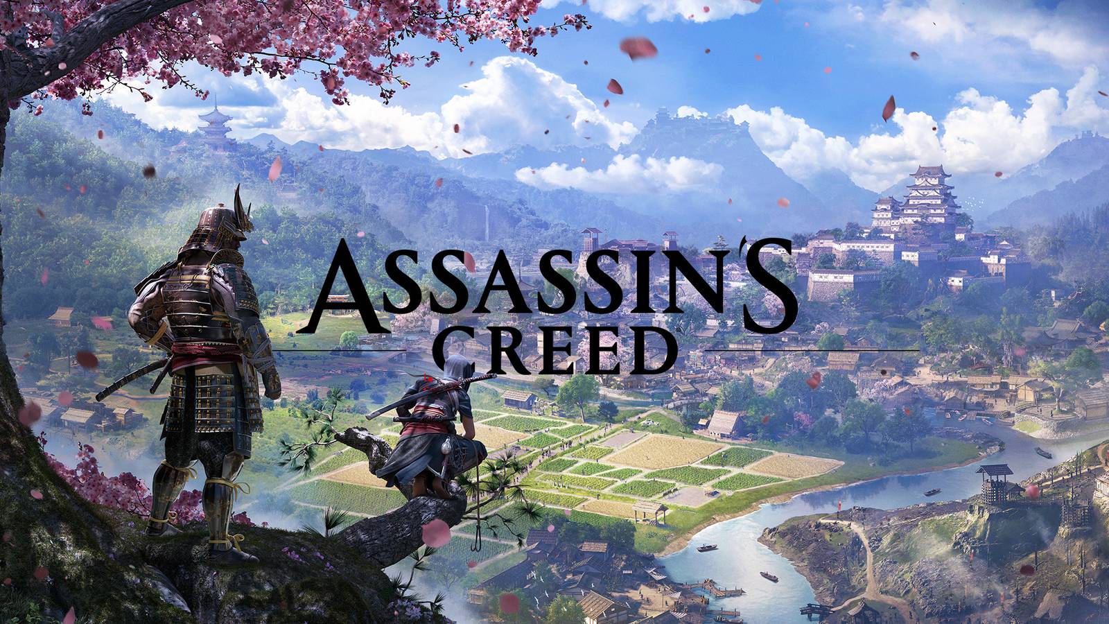 Assassin's Creed logo black over AC Shadows promo artwork Yasuke and Naoe on a cliff