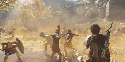 A group of soldiers attacking one another in Assassin's Creed Odyssey
