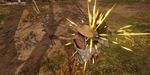 Two characters lifting their knees to kick one another while holding large sticks in Assassin's Creed Odyssey
