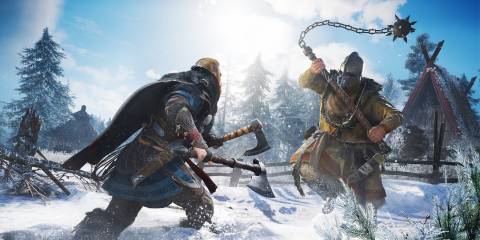 Eivor charging at an enemy in Assassin's Creed: Valhalla