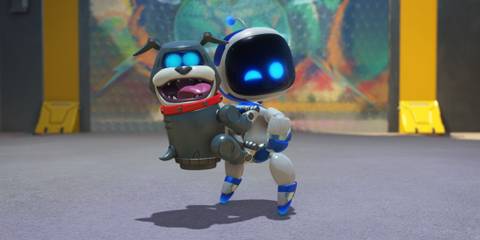 Astro bot with a bulldog in Astrobot game series
