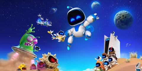 Robots from the Astrobot Rescue Mission game series float in space, facing colorful alien enemies and spaceships