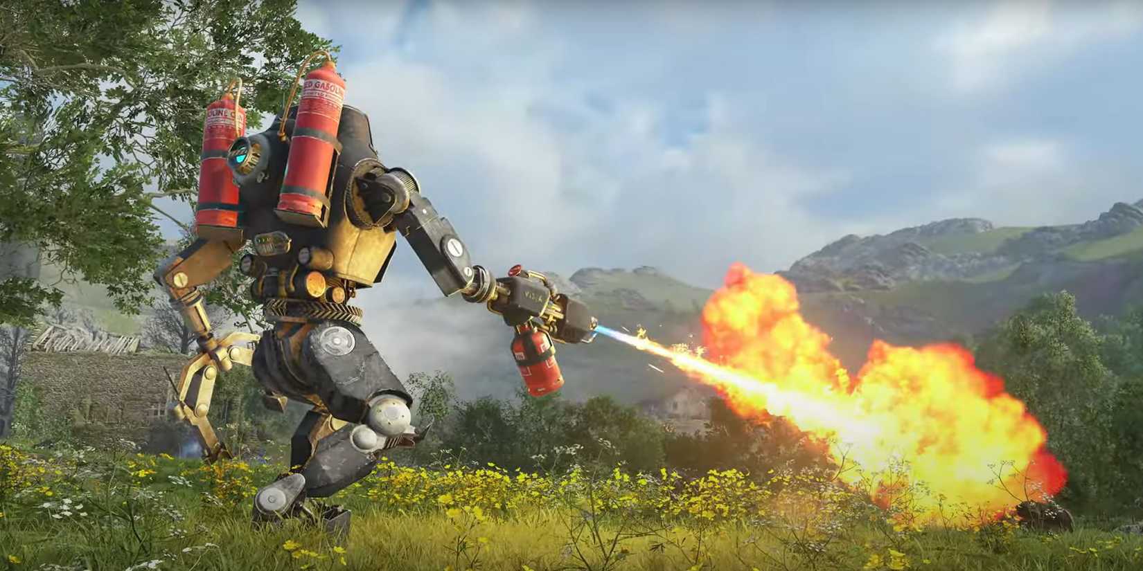 A robot uses its flamethrower in Atomfall