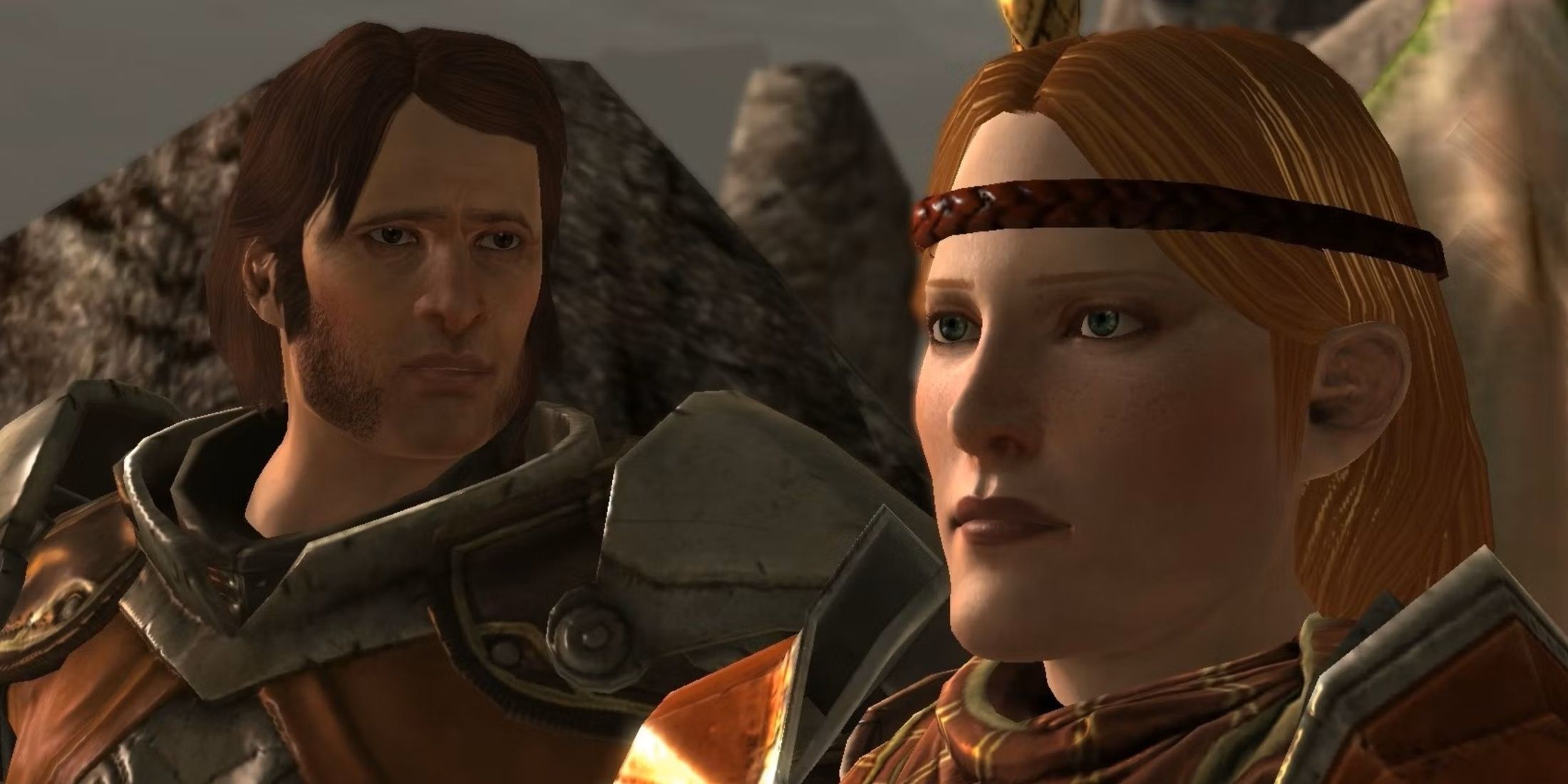 Close up of Aveline and Donnic from Dragon Age 2