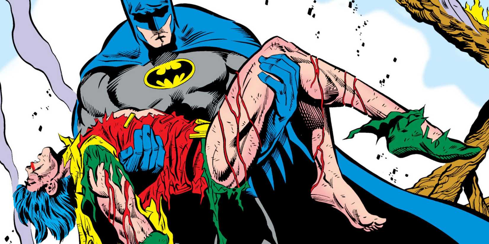 batman holds jason todd's body