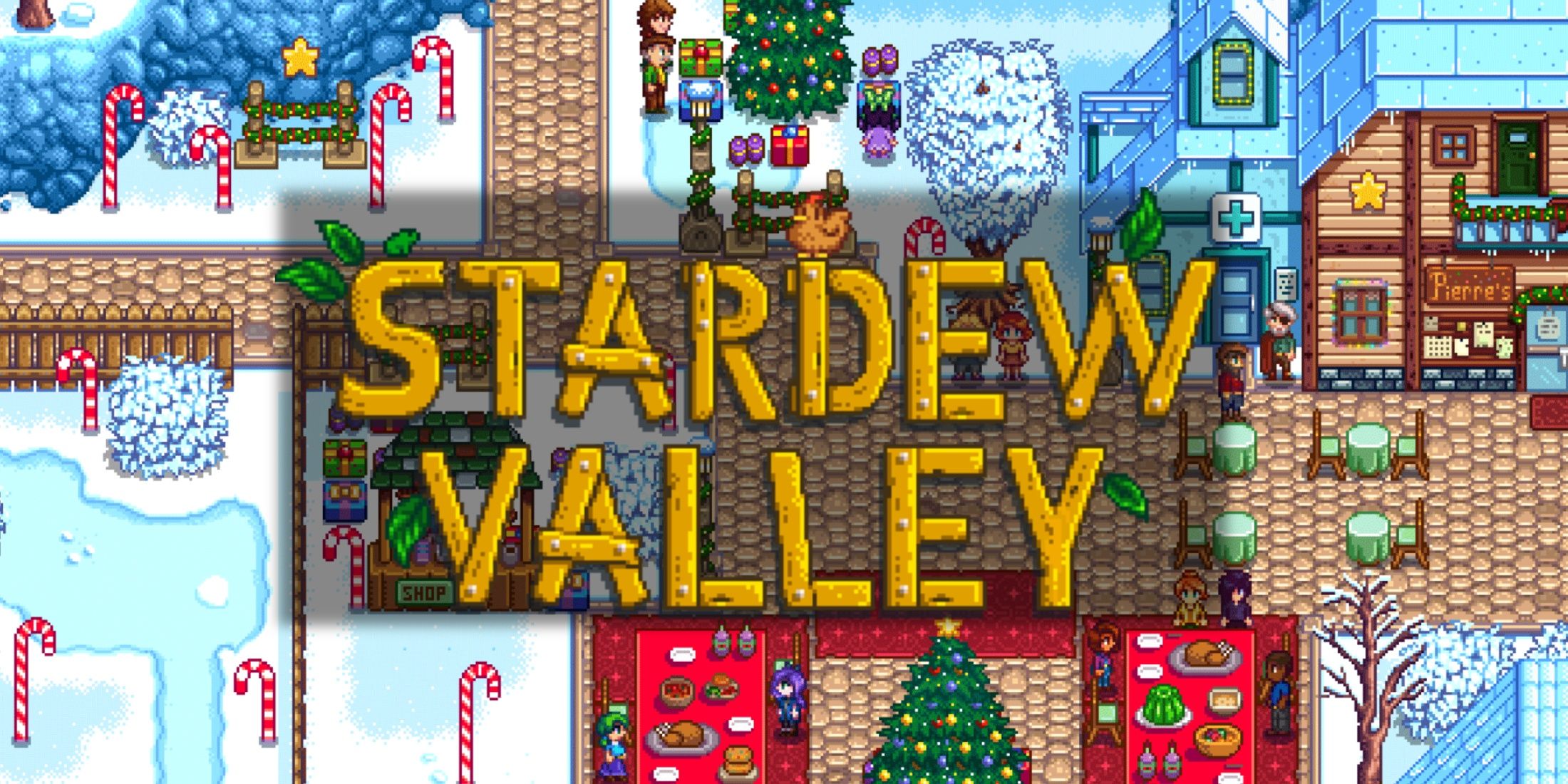 Stardew Valley logo across Feast of the Winter Star town area