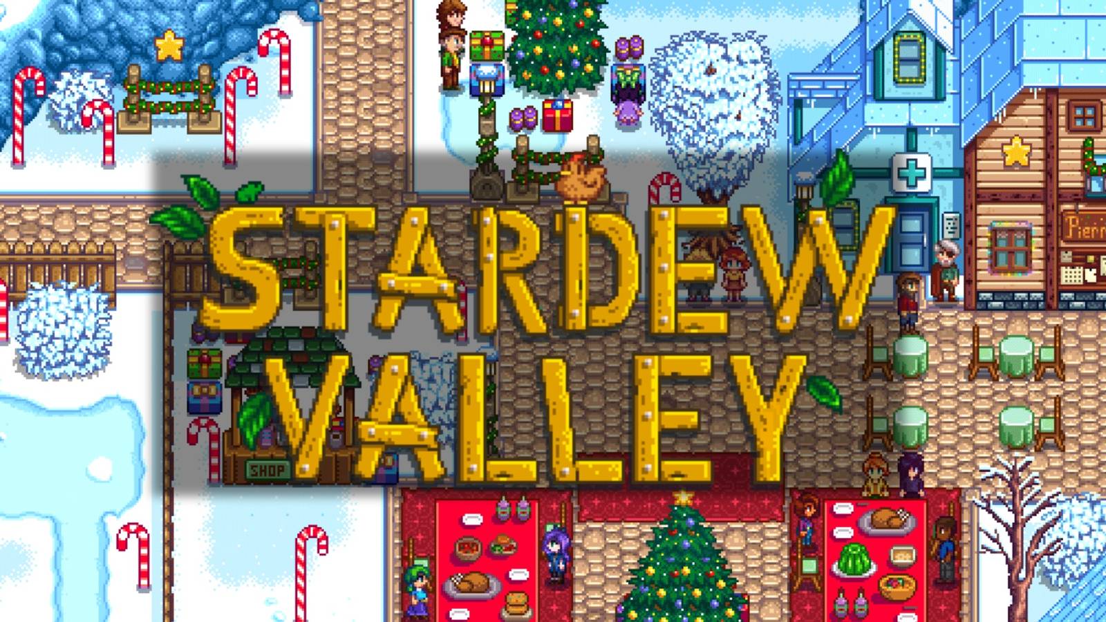 Stardew Valley logo across Feast of the Winter Star town area